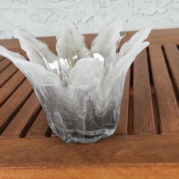 Murano Handblown Glass Candle Holder, 6.25" Wide, Smoky Gray & White, from Italy - Picture 5 of 7